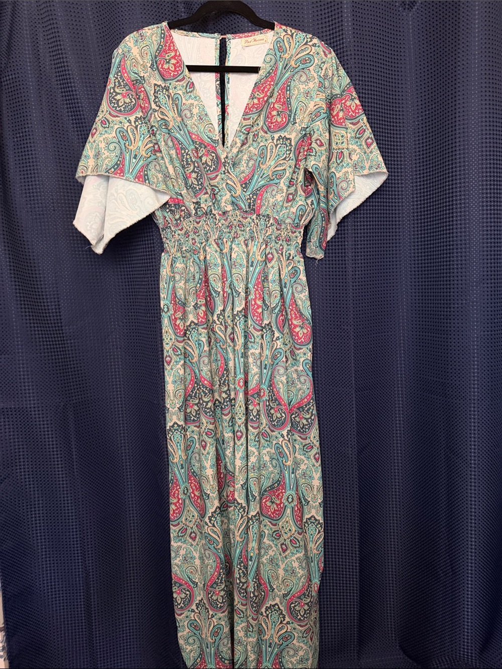 Paisley V‑Neck Smocked Maxi Dress in Teal & Pink